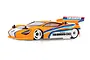 Team Associated RC28 1/28 scale RC touring car in orange with blue and pink racing stripes and white wheels.