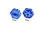 Two blue anodized aluminium 17mm wheel hex adapters with +2mm offset and two metal drive pins, shown from front and back angles.