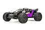 ARRMA Vorteks 1/10 scale RC stadium truck in purple, white, and black livery, shown from a front three-quarter angle against a white background.