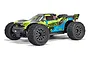 ARRMA Vorteks 4WD stadium truck in teal and neon yellow livery on a white background.