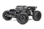 ARRMA Notorious 6S V6 BLX RC stunt truck in black, featuring large off-road tires, a classic truck body style, and a rear wing on a white background.