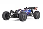 ARRMA Typhon Grom 1/14 scale RC buggy in blue and silver, featuring off-road tires, a rear wing, and a detailed body shell on a white background.