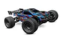 A studio shot of the Traxxas XRT Ultimate 8S RC truggy in a blue, black, and red livery, featuring large off-road tires and a rear wing.