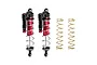 Two GPM Racing red and black aluminium piggyback RC shock absorbers with two separate gold-coloured coil springs on a white background.