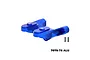 A pair of blue anodized aluminium rear wing mounts for an RC car, shown with two small black screws on a white background.