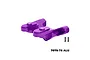 A pair of purple anodized aluminium rear wing mounts for an RC car, shown with two small black screws on a white background.