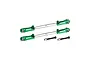 Two green and silver adjustable RC tie rods with two black mounting screws on a white background.