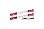 Two red and silver adjustable RC suspension tie rods with two black mounting screws and nuts on a white background.