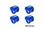 Four blue anodized aluminium GPM Racing shock cap protectors arranged in a grid against a white background.