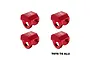 Four red anodized aluminium GPM Racing shock cap protectors arranged in a grid against a white background.