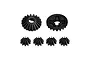 A set of six black steel RC differential gears from GPM Racing, including one large bevel gear, one ring gear, and four smaller spider gears.