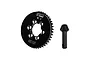 GPM Racing black steel 43T ring gear and 12T pinion gear set for RC cars, featuring spiral-cut teeth and laser-etched markings.