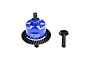 A blue anodized aluminium differential housing with a black steel ring gear and a separate black steel pinion gear for an RC vehicle.