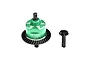 GPM Racing green anodized aluminium and steel front differential set for RC cars, featuring a main gear housing and a separate pinion gear.
