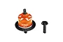 GPM Racing orange aluminium and steel front differential set for RC cars, featuring a main differential housing and a separate pinion gear.