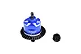 GPM Racing blue aluminium and steel rear differential assembly with a separate black pinion gear on a white background.