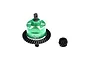 GPM Racing green anodized aluminium and black steel RC differential assembly with pinion gear on a white background.