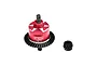 GPM Racing red anodized aluminium and steel differential assembly with a separate pinion gear on a white background.