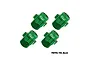 Four green anodized aluminium GPM Racing wheel hex adapters arranged on a white background.