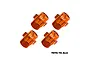 Four orange anodized aluminium wheel hex adapters for RC cars, arranged in a grid against a white background.