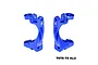 A pair of blue anodized aluminium front hub carriers for RC cars, marked with L and R, featuring the GPM Racing logo.