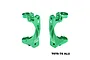 Two green anodized aluminium RC front hub carriers (C-hubs) by GPM Racing, marked with L and R for left and right sides.