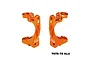 A pair of orange GPM Racing aluminium front hub carriers for RC cars, marked with L and R, isolated on a white background.