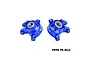 A pair of blue anodized aluminium RC front steering hubs by GPM Racing, featuring pre-installed ball bearings and marked with L and R indicators.