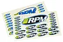 Two sheets of RPM RC brand logo decals featuring various sizes of the RPM logo with yellow, blue, and white graphics on a white background.