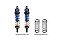 Two GPM Racing blue aluminium adjustable RC shock absorbers with gold springs, plus two additional black replacement springs on a white background.