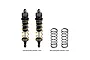 Two GPM Racing black aluminium RC shock absorbers with gold springs, plus two additional black springs, isolated on a white background.