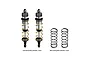 Two GPM Racing adjustable aluminium RC shock absorbers with gold springs installed, alongside two spare black springs on a white background.
