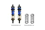 Two GPM Racing blue and black adjustable RC shock absorbers with gold springs installed, plus two spare black springs on a white background.