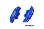 Two blue GPM Racing aluminium front brake calipers shown from front and rear angles against a white background.