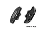 Two black GPM Racing aluminium front brake calipers for RC cars, shown from front and rear angles against a white background.