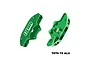 Two green anodized aluminium GPM Racing front brake calipers for RC cars, shown from front and rear angles against a white background.