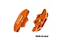 Two orange anodized aluminium RC brake calipers by GPM Racing, showing front and rear views with the GPM logo.