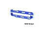 A pair of blue anodized aluminium chassis nerf bars for RC vehicles, featuring mounting holes and black screws, isolated on a white background.