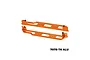Two orange anodized aluminium chassis nerf bars for RC vehicles, featuring mounting holes and black screws, isolated on a white background.