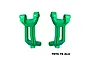 A pair of bright green anodized aluminium front hub carriers for RC cars, marked with R and L for right and left sides.