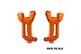 A pair of orange anodized aluminium front hub carriers for RC cars, marked with L and R for left and right sides, against a white background.
