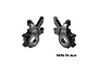 A pair of black GPM Racing aluminium front oversized steering hubs for RC cars, labeled L and R with 7075 engraved on each.