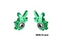 A pair of green anodized aluminium front steering hubs for RC cars by GPM Racing, marked with L and R for left and right sides.