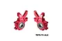 A pair of red anodized aluminium front steering hubs for RC cars, marked with L and R, GPM branding, and 7075 alloy designation.