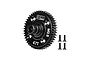 A black GPM Racing 47T 0.8 module spur gear with four matching black countersunk screws on a white background.