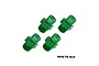 Four green anodized aluminium 17mm +5mm wheel hex adapters by GPM Racing arranged on a white background.