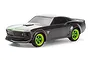 HPI Nano-TTR 1969 Ford Mustang RC car in black with bright green wheels and accents, viewed from a front three-quarter angle.