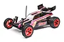 Losi Mini JRX2 1/16 scale RC buggy in black with pink and orange retro-style decals, featuring bright pink wheels and a rear wing.