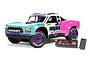 ARRMA Mojave Grom 1/16 scale RC short course truck in teal and pink livery with a Spektrum Smart battery and charger on a white background.