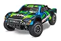 Traxxas Slash 4x4 Ultimate RC short course truck with a black, blue, and green racing livery on a white background.